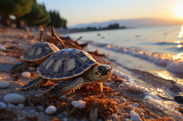 Small little turtles on beach att sunset International Turtle Protection Day