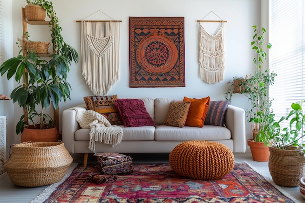 Photo a small living room with modern bohemian decor