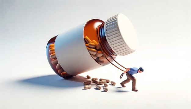 A small man pulls a giant pill bottle with a cap from which pills spill out banner