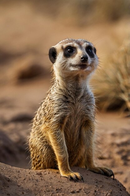 a small meerkat is standing in the dirt