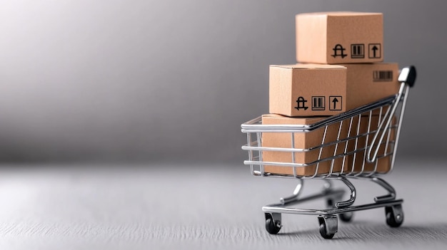 A small metal shopping cart stands on a textured surface filled with several cardboard boxes The neutral gray background highlights the online shopping and delivery theme