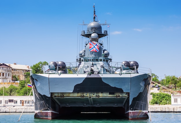 Small missile ship on the air cushion Samum anchored in Sevastopol Bay