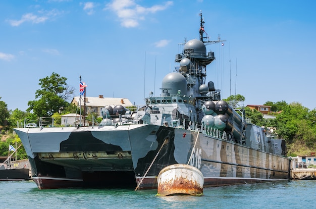 Small missile ship on the air cushion Samum anchored in Sevastopol Bay