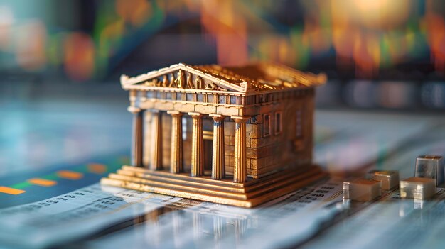 Photo a small model of an ancient greek temple sits atop financial charts with a blurred stock market back