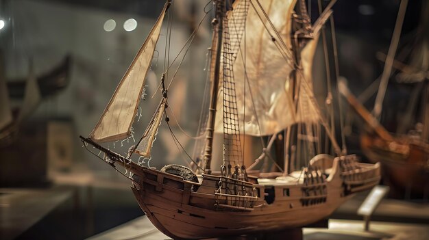 Photo the small model of historical ancient ship in marine museum generative ai