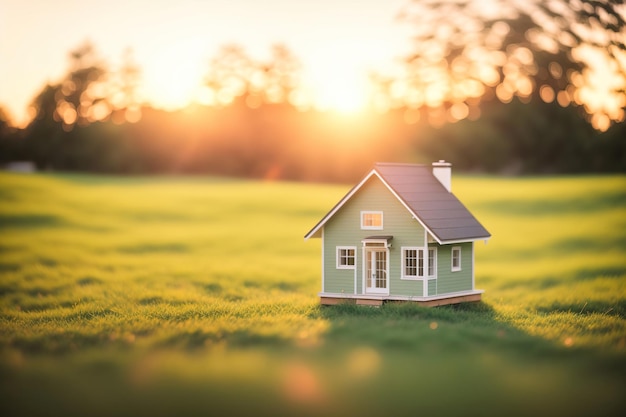 Small model home on green grass with sunlight background Generative AI