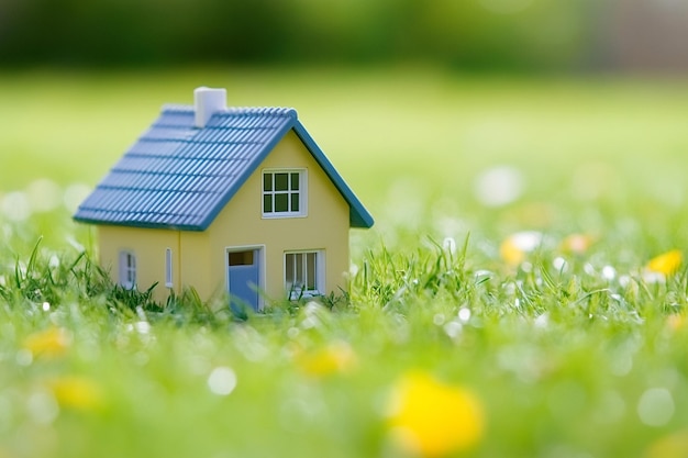 a small model house is in the grass with a blue roof