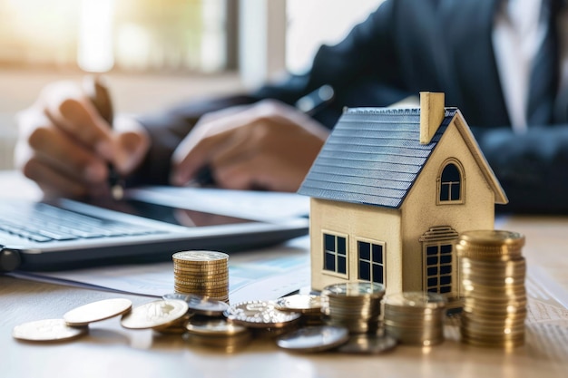 A small model house sitting on top of a pile of coins next to a laptop