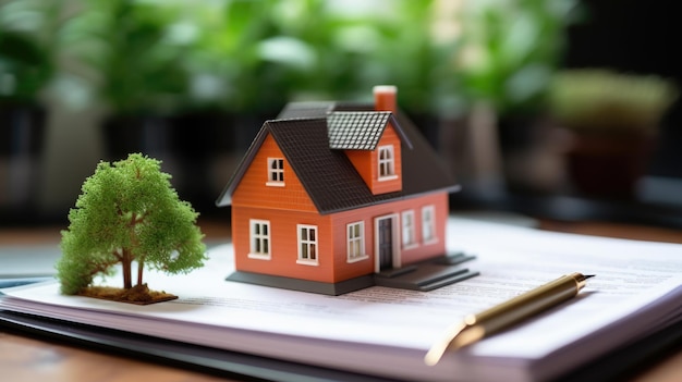 Small model house on a table with real estate paperwork