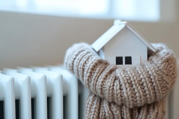 Photo a small model house warmly wrapped in a woolen scarf sits on a white radiator symbolizing cold protection and energy efficiency during winter