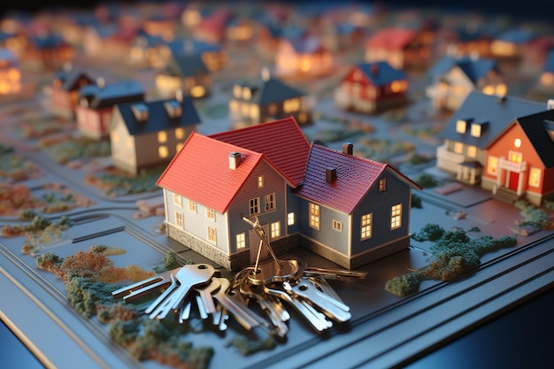 Small model houses with keys in foreground on a table under warm light