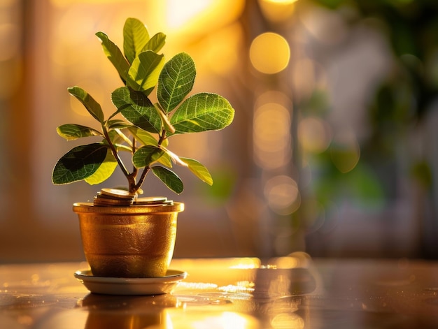 Photo a small money plant in a golden pot illuminated by warm sunlight symbolizing growth and prosperity w