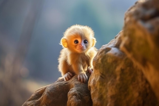 Small monkey on the rock mountain white backgrounds