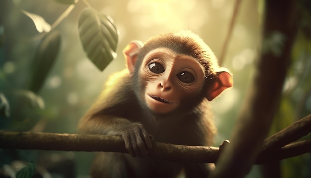 Small monkey sitting on tree staring peacefully generated by AI