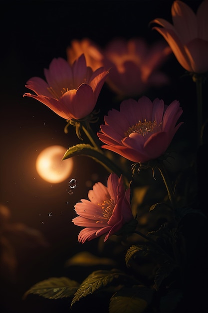 A small moon is shining on flowers in the dark