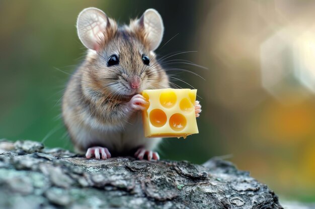 A small mouse holding a piece of cheese