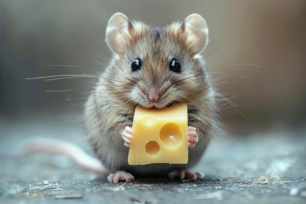 A small mouse holding a piece of cheese