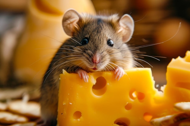 Small mouse is sitting on top of piece of cheese