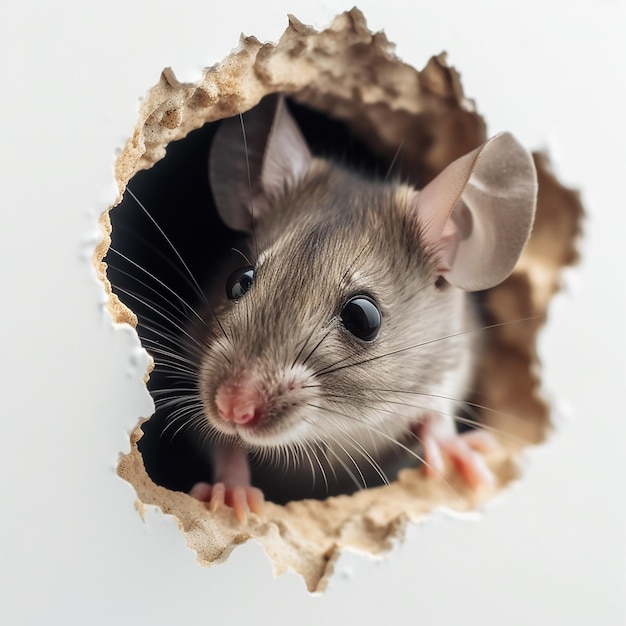 Small mouse peeks out of a gnawed hole in the wall closeup