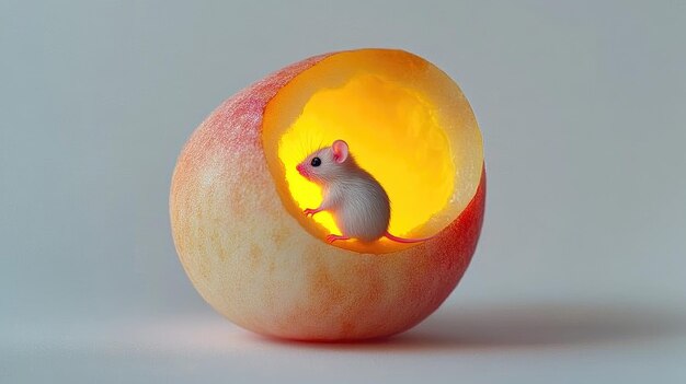 Photo a small mouse sits in a peach with the sun shining on it