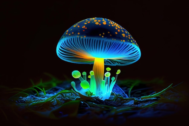 Small mushroom that emits bioluminescent light at night Generative Ai