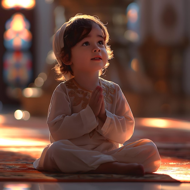 Photo a small muslim kid sit on mosque floor and praying background