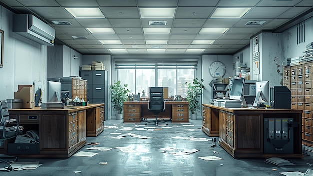 An small office there are open filing cabinets all the wanted documents are scattered on the floo