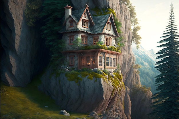 Small old house on edge of cliff in forest english style house exterior