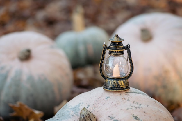 Small oldstyle lantern on big pumpkin outdoors