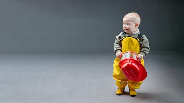 A small oneyearold baby in fireman's suit with helmet in his hands