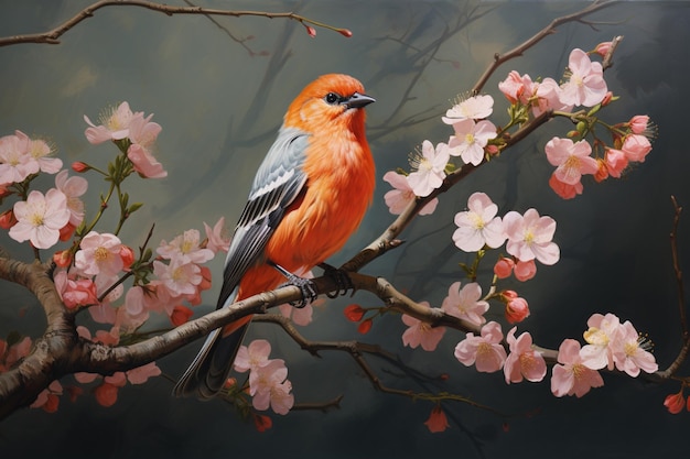 a small orange bird is perched on a branch with pink flowers high quality