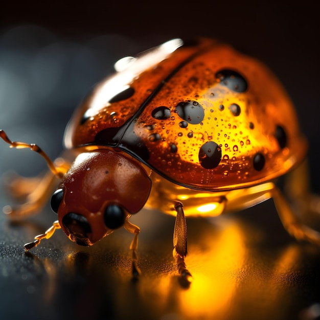 A small orange and black ladybug with black dots is on a black surface.