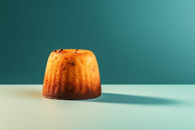 A small orange cake with the word " on it " on a blue background.