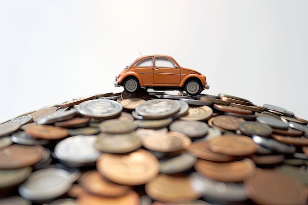 Photo a small orange car on a pile of coins on white background