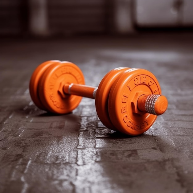 a small orange dumbbell lies on the floor in the gym Generative AI