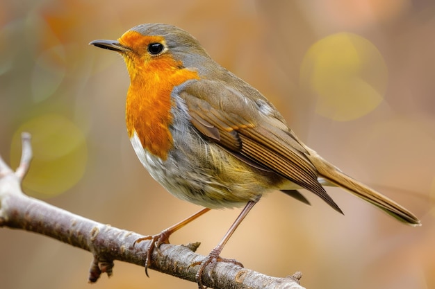 A small orange and gray bird perches on a branch looking around