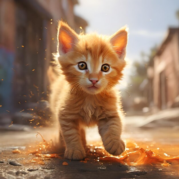 a small orange kitten is walking down the street