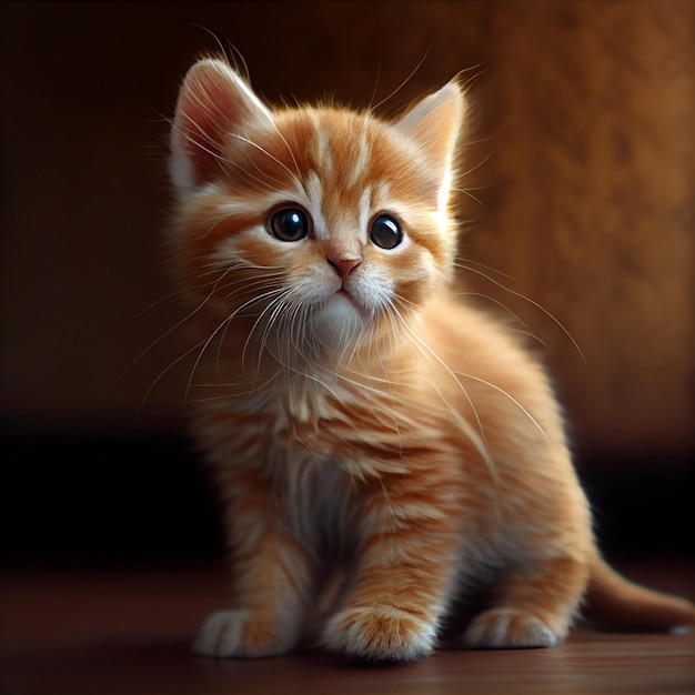 A small orange kitten with black eyes and a brown background.