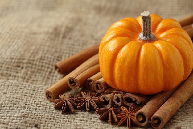 Photo a small orange pumpkin rests on cinnamon sticks and star anise set against a burlap background