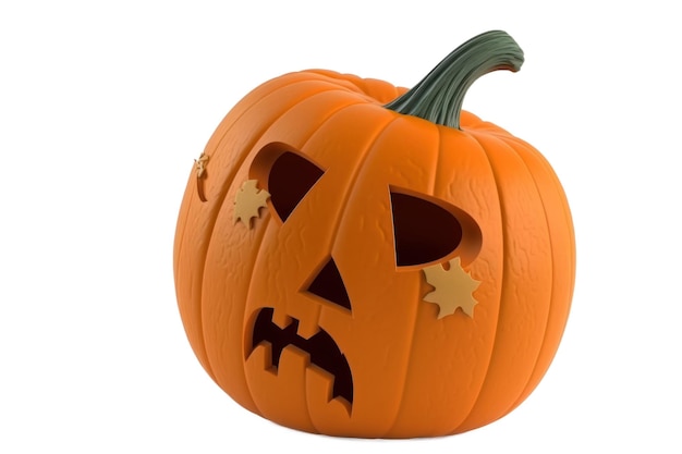 A small orange pumpkin with a face made of plastic and a cut out face.