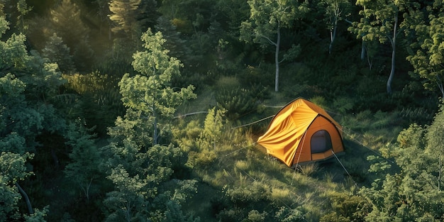 A small orange tent is set up in a forest