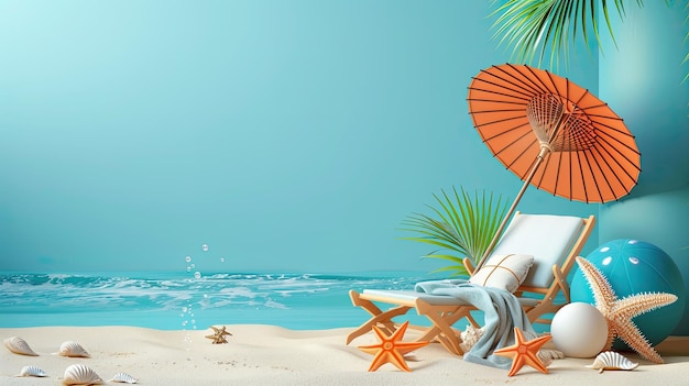 A small orange umbrella a chaise longue and starfish on the beach by the sea