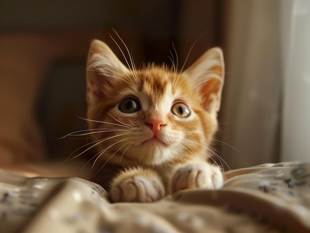 a small orange and white kitten is laying on a blanket