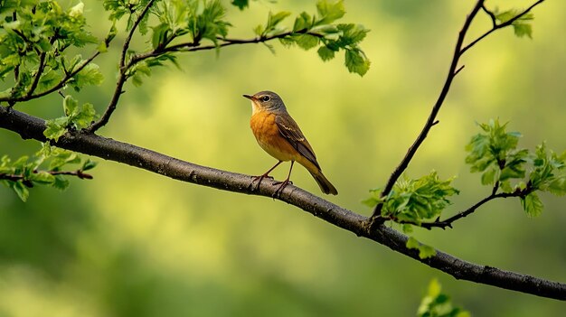 Photo a small orangebreasted bird perched on a branch with green leaves in the background