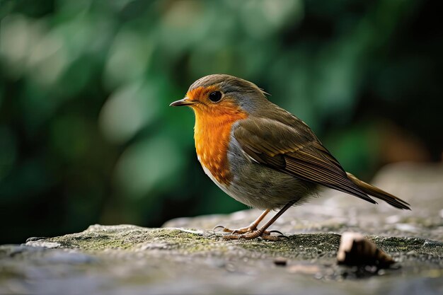 Photo small orangebreasted bird perched on a stone wall with blurred background