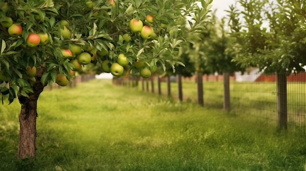 small orchard with green fence