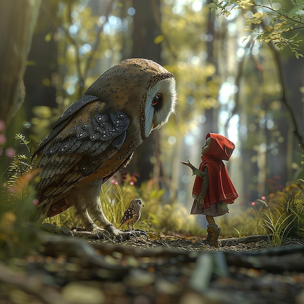 a small owl is standing in the forest with a red cape on its head