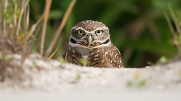 A small owl sits on a sand dune.