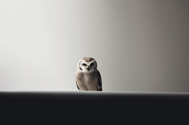 A small owl sits on a table in front of a white wall.