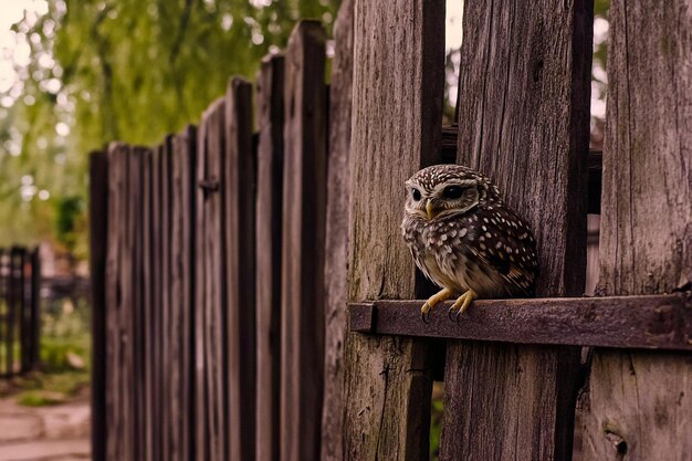 Photo a small owl sits on a wooden fence with a fence in the background